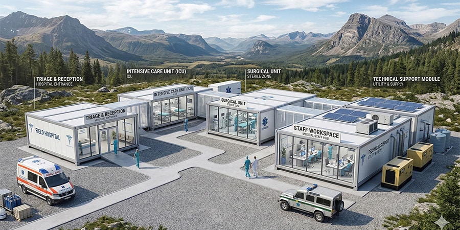 MobileHospital A modular field hospital set in a mountainous landscape, featuring units for triage, ICU, surgery, and staff workspace with emergency vehicles parked outside.