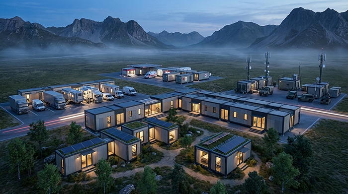 A modern modular housing complex with solar panels is set in a valley surrounded by mountains, with vehicles and utility equipment nearby in early evening light.