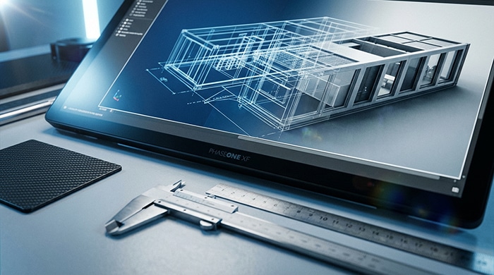 A digital rendering of a building is displayed on a large screen next to a ruler and caliper on a desk, suggesting an architectural or engineering workspace.